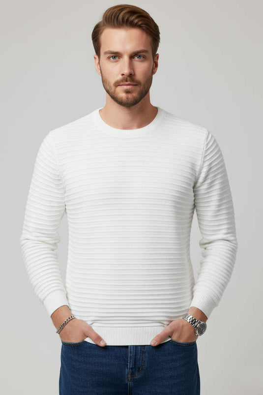 Gestreifter Herrenstrickpullover, Ecru (horizontale Streifen)