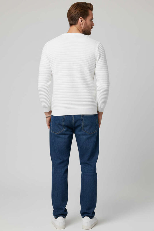 Men's Striped Knit Sweater, Ecru (Horizontal Stripes)