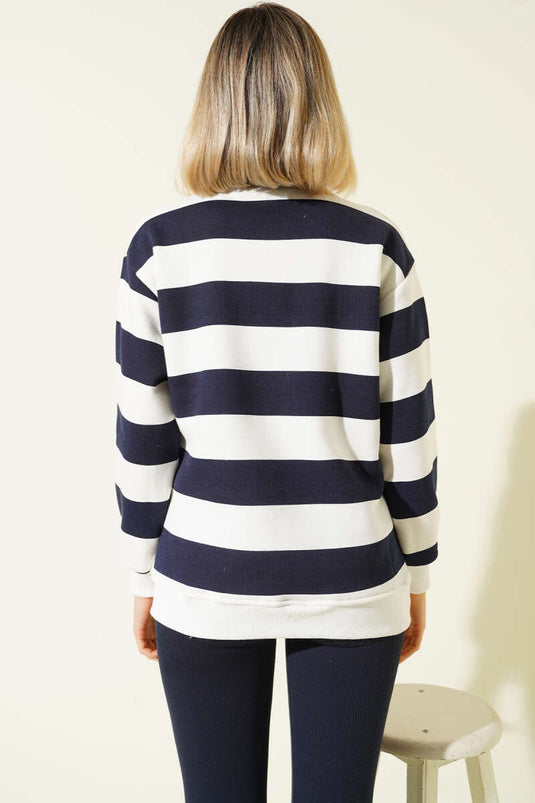 سويت شيرت ثلاثي الخيوط مخطط بأزرار سحاب باللون الأزرق الداكن