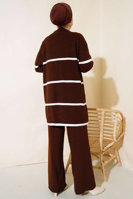 Horizontaal Gestreepte Corduroy Knitwear Set Bruin