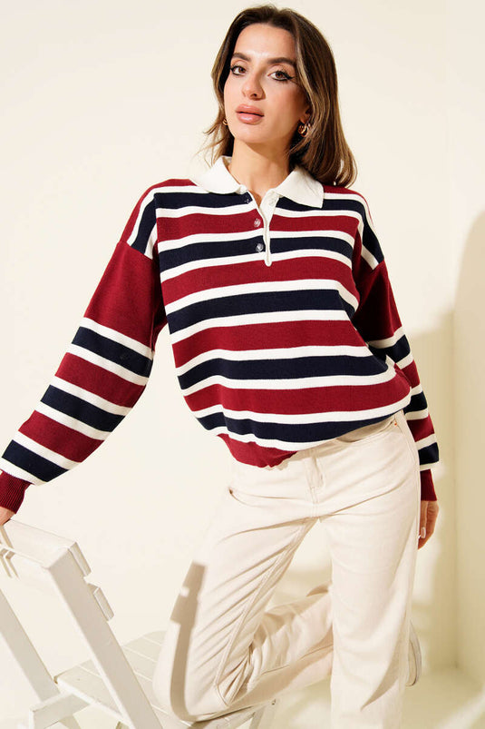 Yatay Çizgili Gömlek Yaka Triko Kazak Bordo