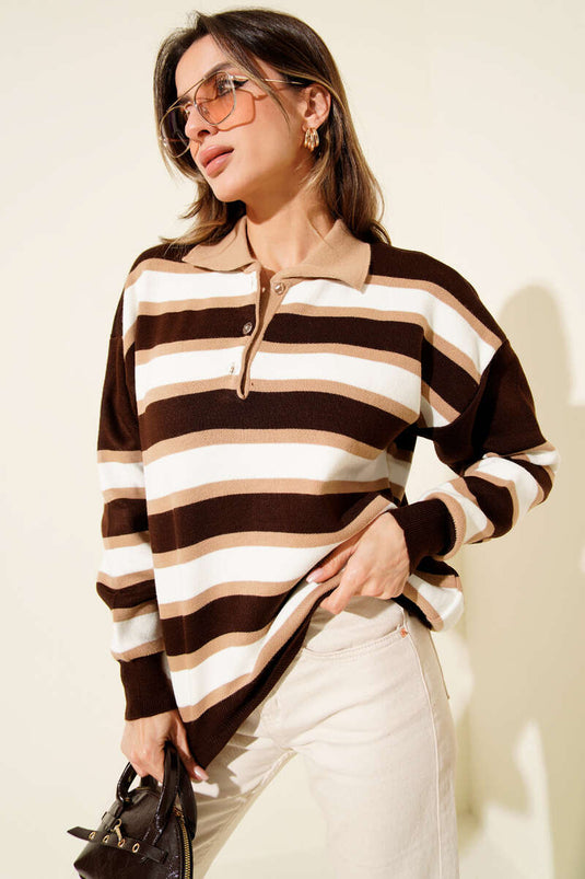 Pull à col chemise rayé horizontal, couleur café