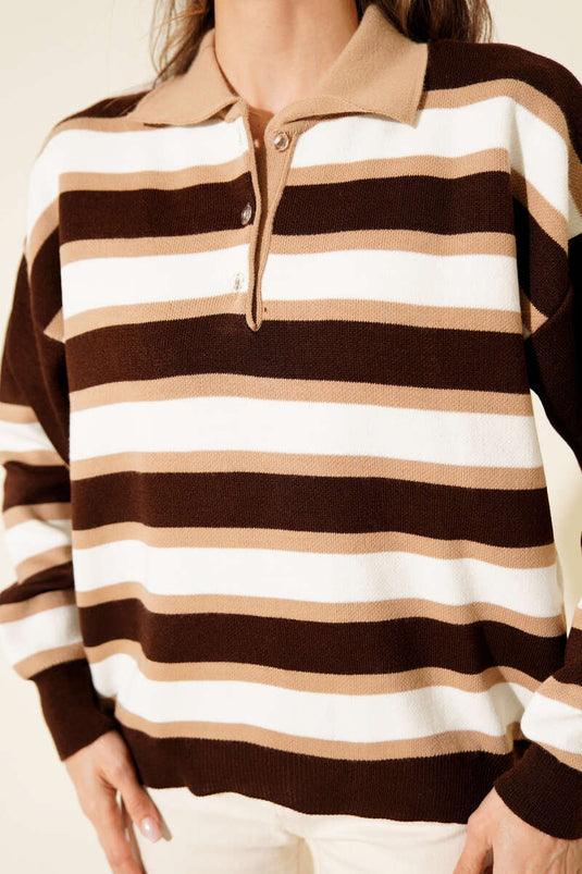 Pull à col chemise rayé horizontal, couleur café