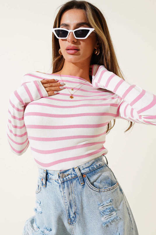 Yatay Çizgili Kayık Yaka Bluz Pembe