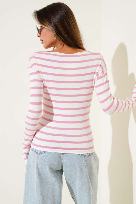 Yatay Çizgili Kayık Yaka Bluz Pembe