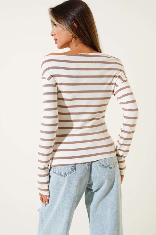 Horizontal Striped Boat Neck Blouse, Mink