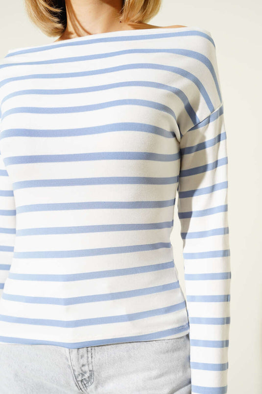 Horizontal Striped Boat Neck Blouse Ice Blue