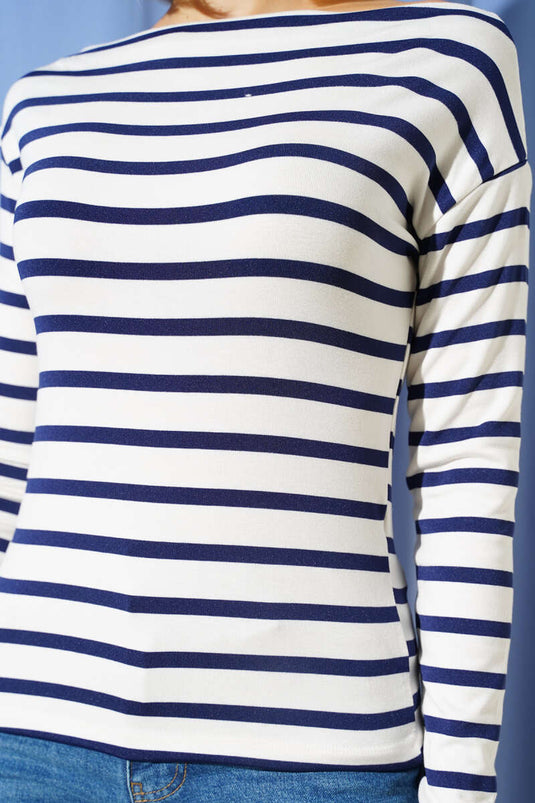 Horizontal Striped Boat Neck Blouse Navy Blue