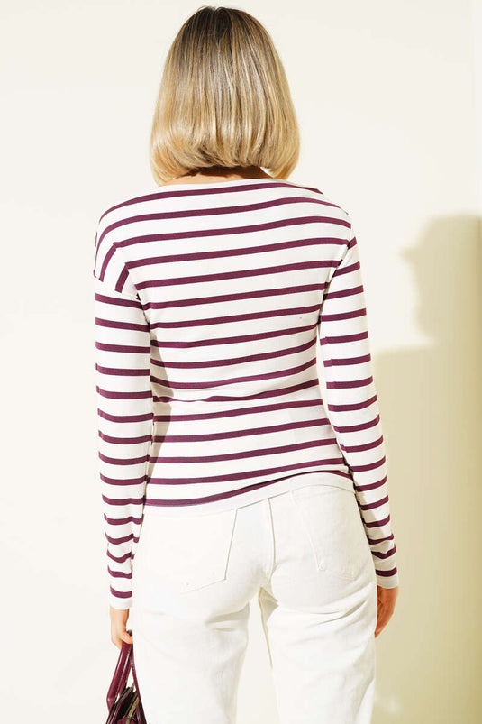 Blusa con scollo a barca a righe orizzontali, prugna