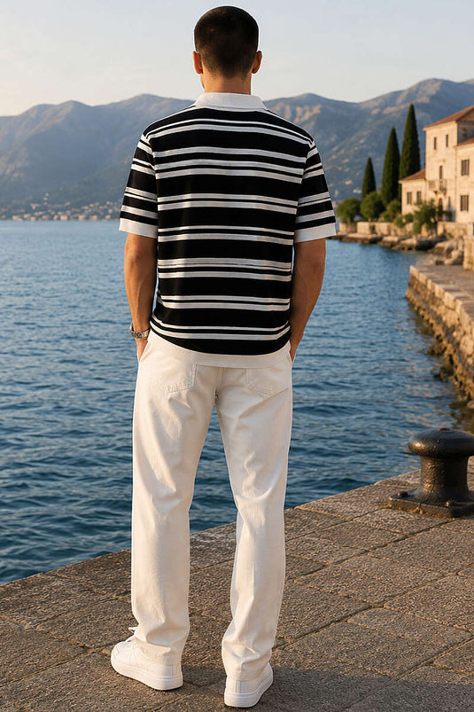 Yatay Çizgili Polo Yaka Erkek T-shirt Siyah