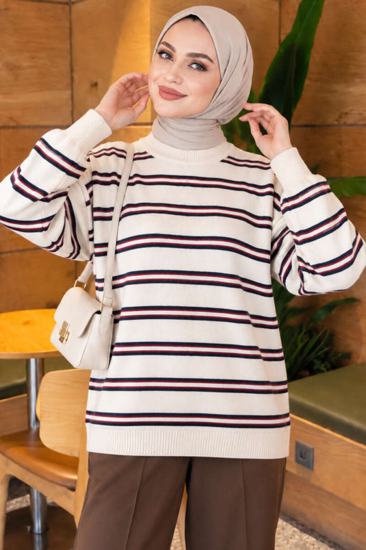 Tunique Tricot Oversized À Rayures Beige