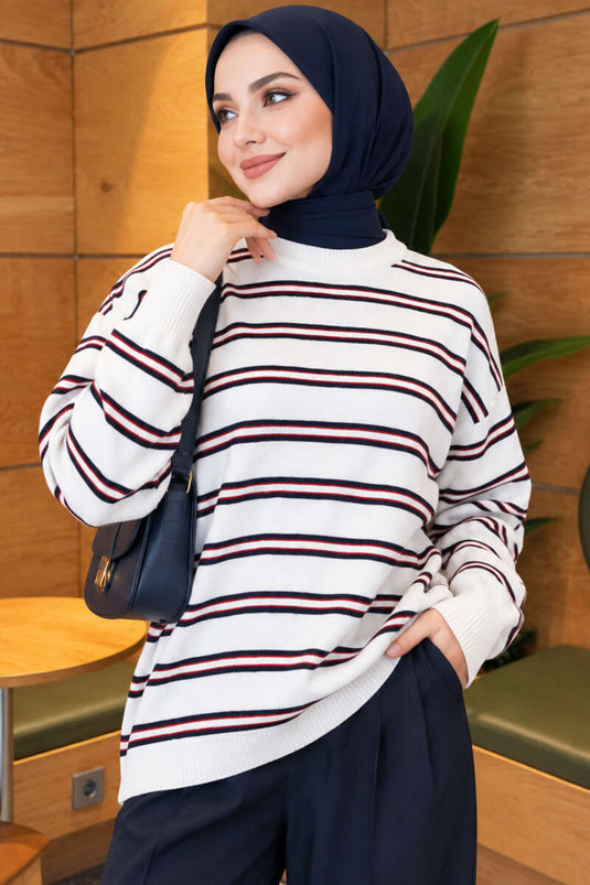 Tunique Tricot Oversized À Rayures Horizontales Écru