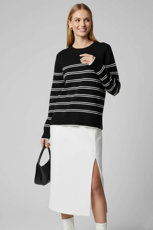Yatay Çizgili Triko Kazak Siyah