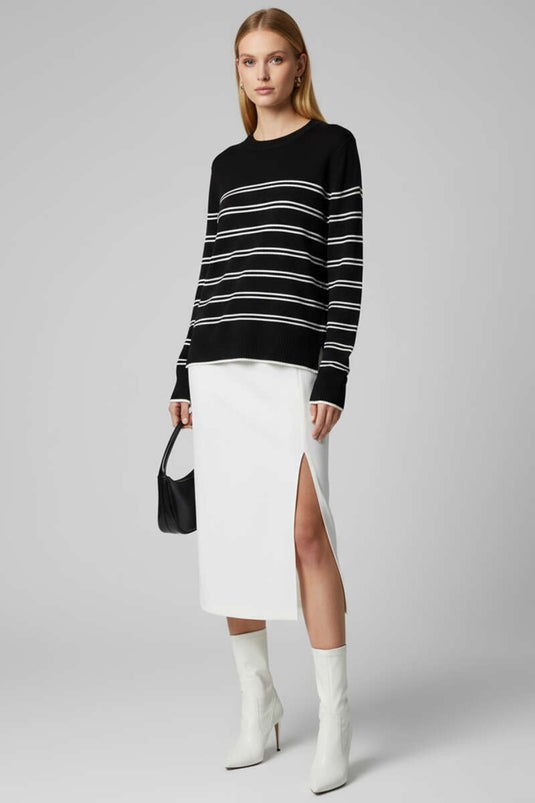 Yatay Çizgili Triko Kazak Siyah