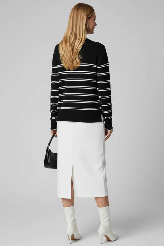 Yatay Çizgili Triko Kazak Siyah