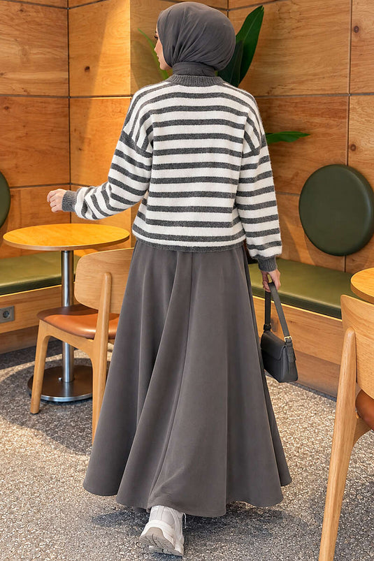 Weicher Strick-Cardigan Mit Horizontalstreifen In Rauchgrau
