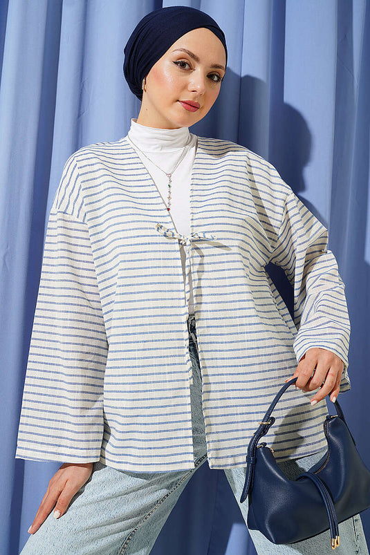 Yatay Çizili Bağcıklı Kimono Mavi