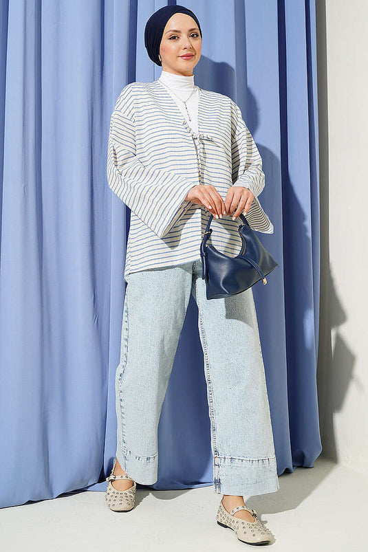 Yatay Çizili Bağcıklı Kimono Mavi