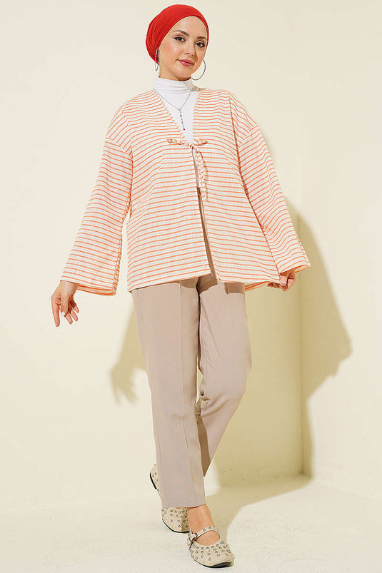 Yatay Çizili Bağcıklı Kimono Oranj