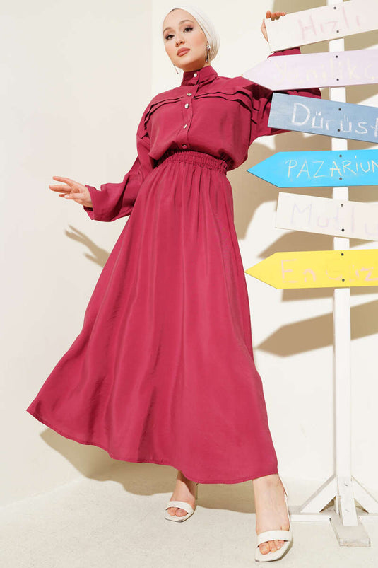 Yatay Pile Detaylı Etekli İkili Takım Burgonya