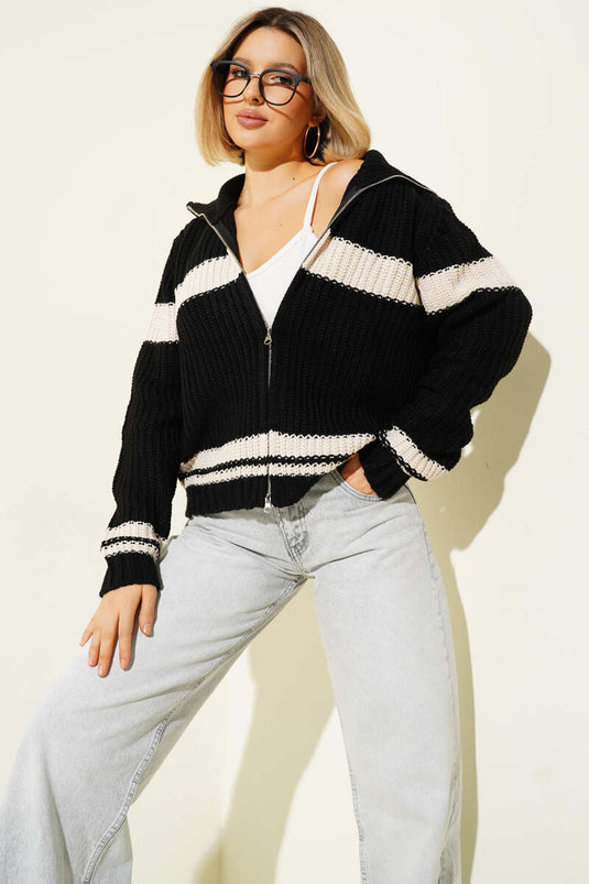 Cardigan corto lavorato a maglia con motivo a righe orizzontali, nero