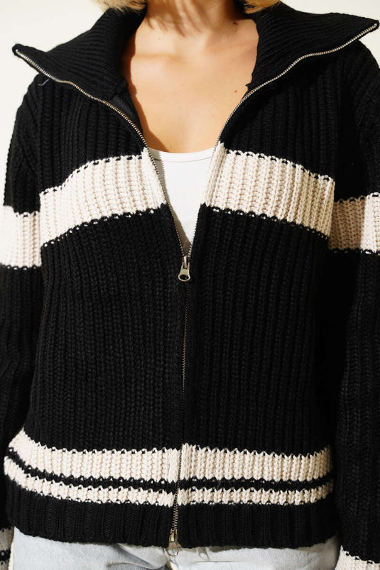 Yatay Şerit Çizgili Triko Kısa Hırka Siyah