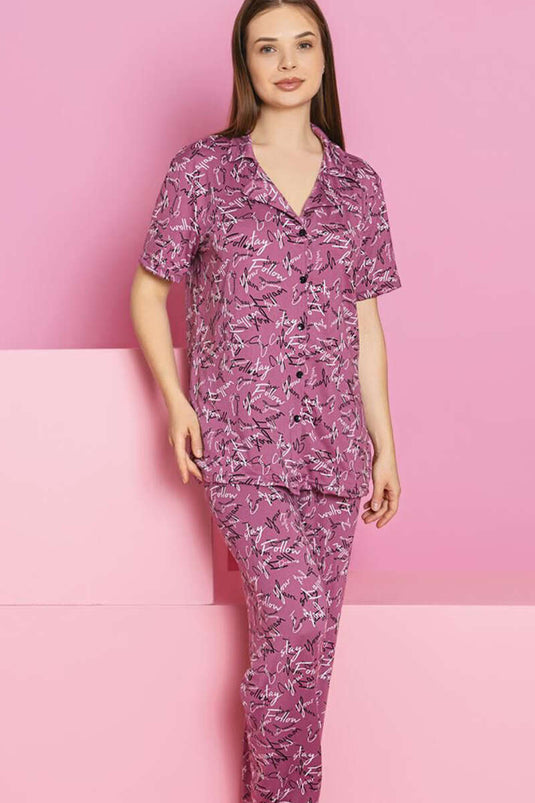 Text Printed Short Sleeve Buttoned Pajama Set Violet
