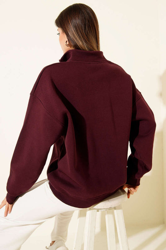 Embroidered Zip-Up Fleece Sweatshirt, Burgundy