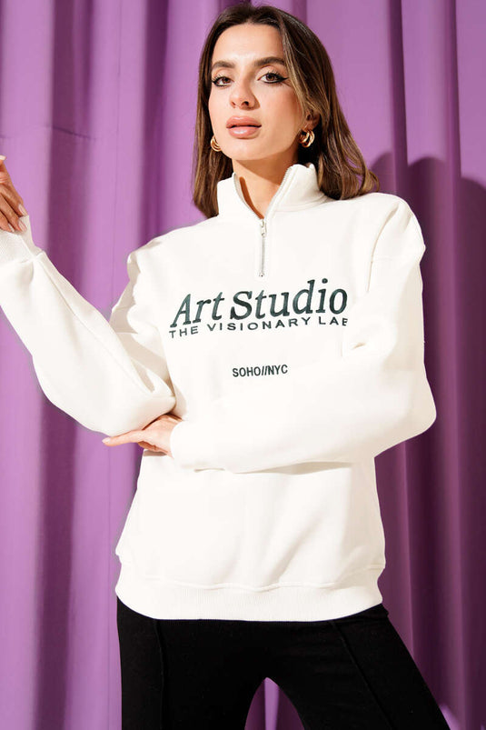 Embroidered Zip-Up Fleece Sweatshirt, Ecru