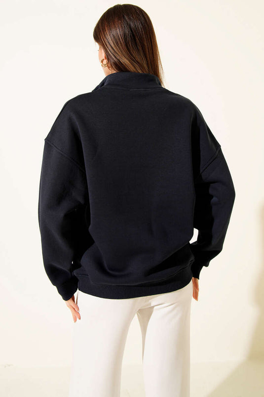 Navy Blue Zippered Sweatshirt with Embroidered Text and Brushed Fabric