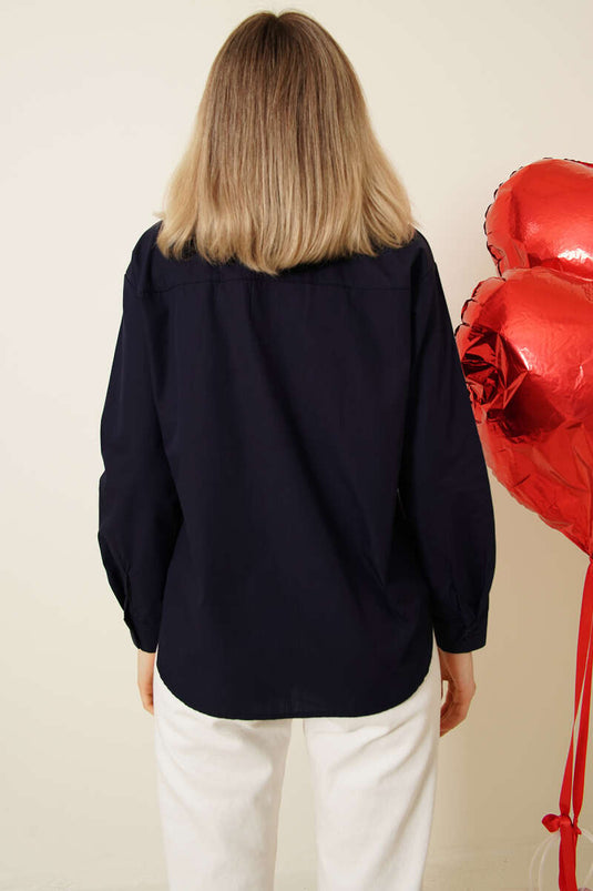 Yazı Nakışlı Tek Cepli Gömlek Lacivert