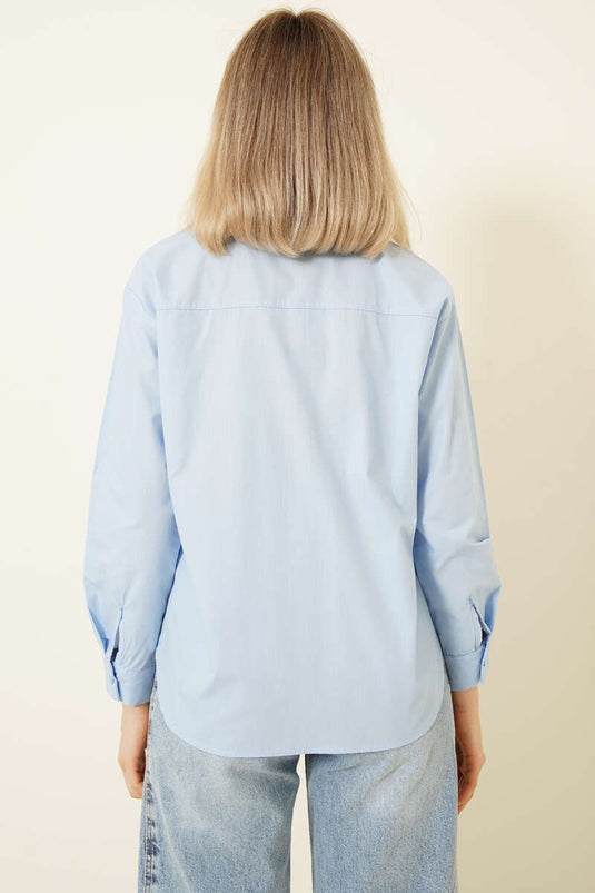 Yazı Nakışlı Tek Cepli Gömlek Mavi