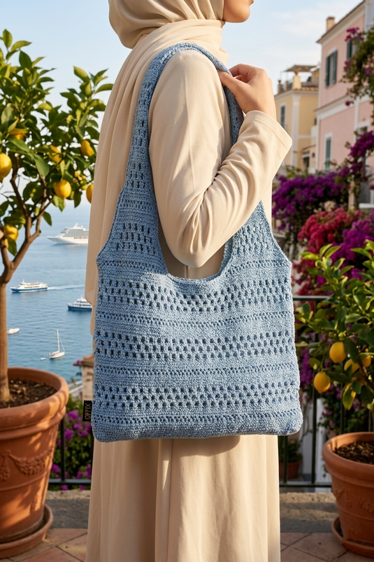 Borsa Estiva da Spiaggia e Quotidiana in Maglia Azzurro Bebè