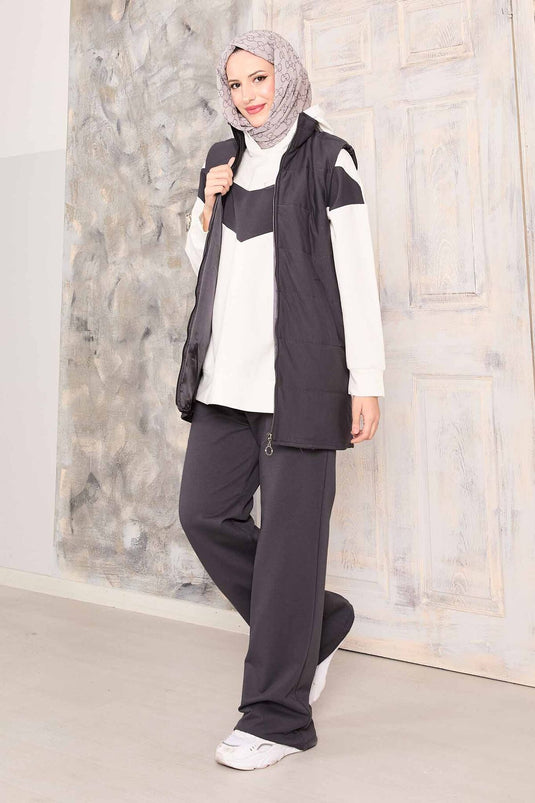 Yelek Sweat Pantolon Üçlü Takım Füme