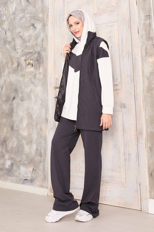 Yelek Sweat Pantolon Üçlü Takım Füme
