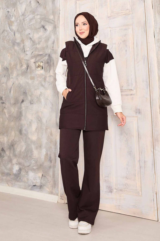 Yelek Sweat Pantolon Üçlü Takım Kahve