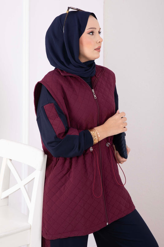 Yelek Tunik Pantolon Üçlü Kapitone Takım Bordo