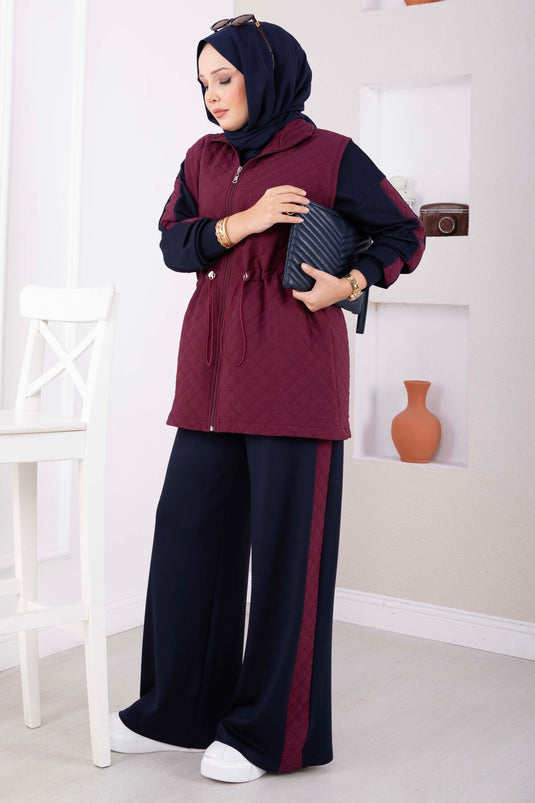 Yelek Tunik Pantolon Üçlü Kapitone Takım Bordo