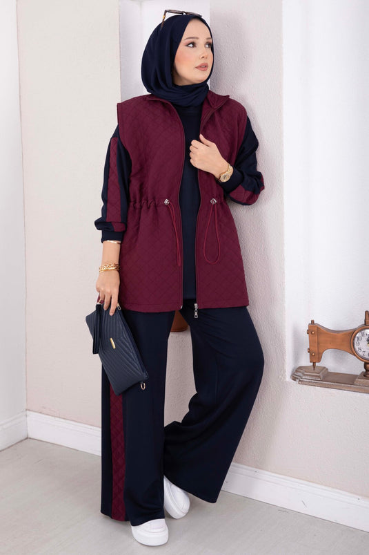 Yelek Tunik Pantolon Üçlü Kapitone Takım Bordo