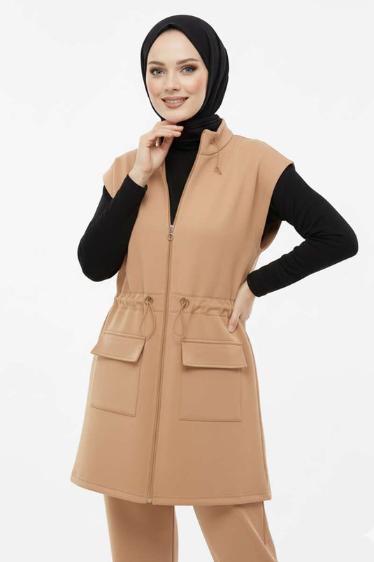 Camel Vested Waist Elastic Detailed Two Piece Suit