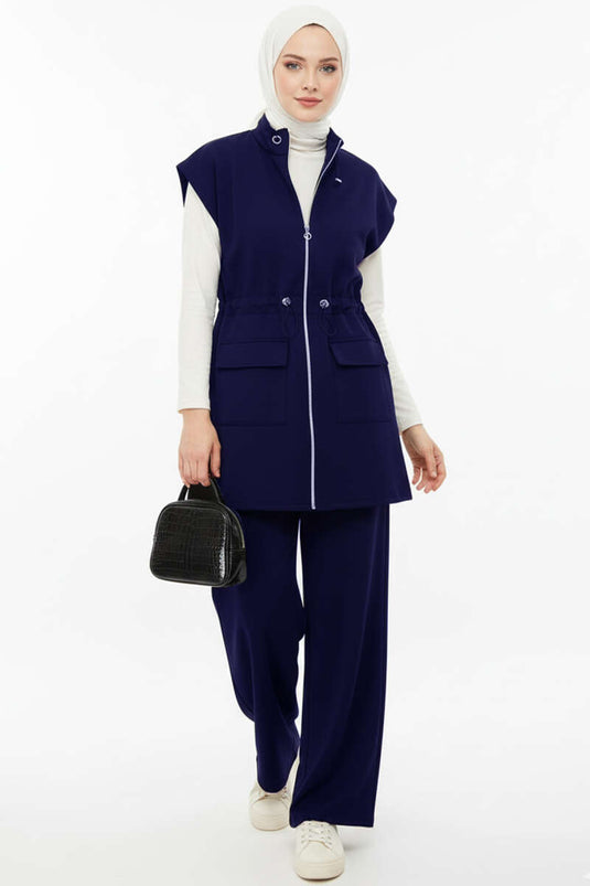 بدلة من قطعتين مع تفاصيل مطاطية للخصر وسترة، أزرق داكن