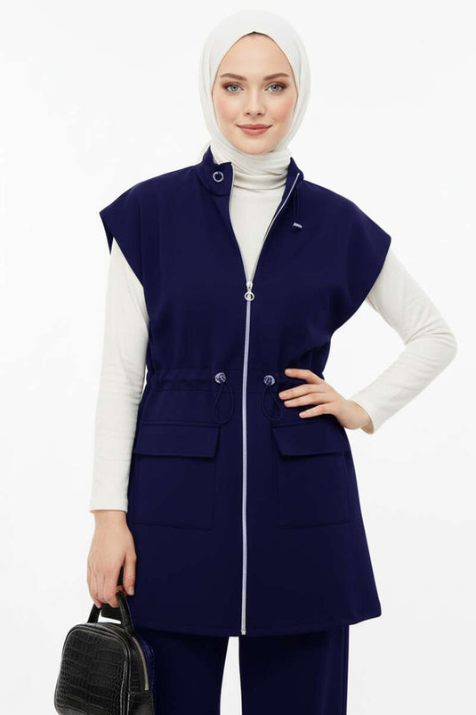 بدلة من قطعتين مع تفاصيل مطاطية للخصر وسترة، أزرق داكن