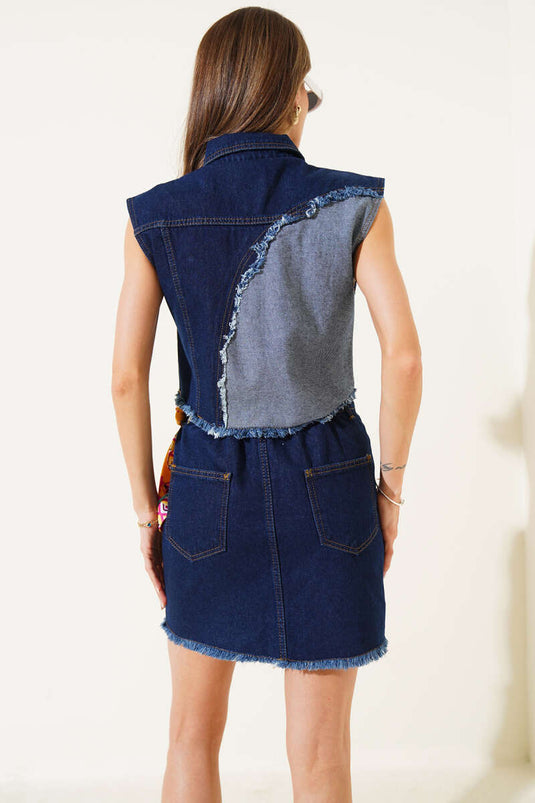 طقم سترة وتنورة بحزام خصر مطاطي، أزرق غامق