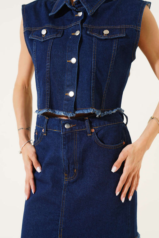 طقم سترة وتنورة بحزام خصر مطاطي، أزرق غامق