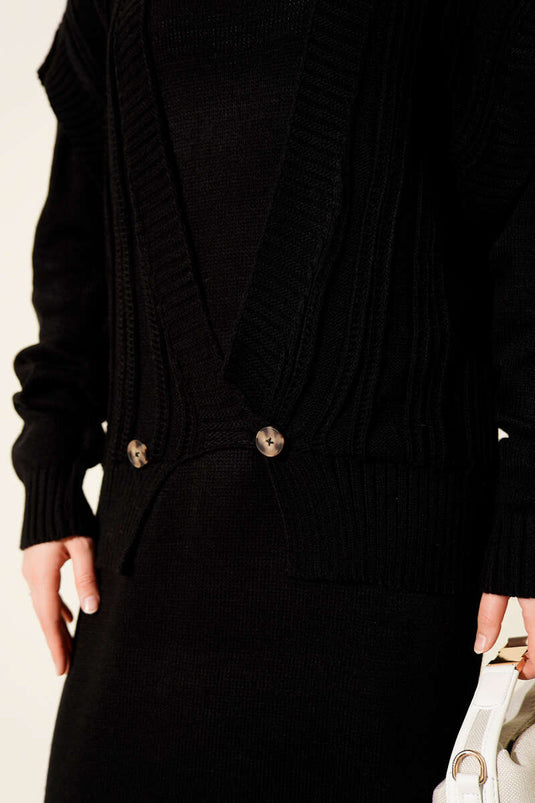 Zweiteiliger Strickanzug mit Weste und Kleid, schwarz