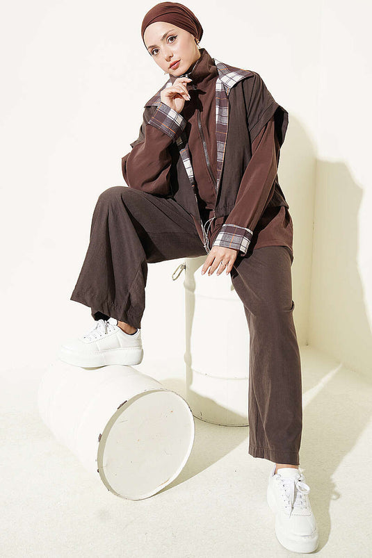 Belted Zippered Two-Piece Set In Coffee