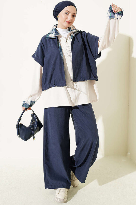 Navy Belted Vest Set With Zipper