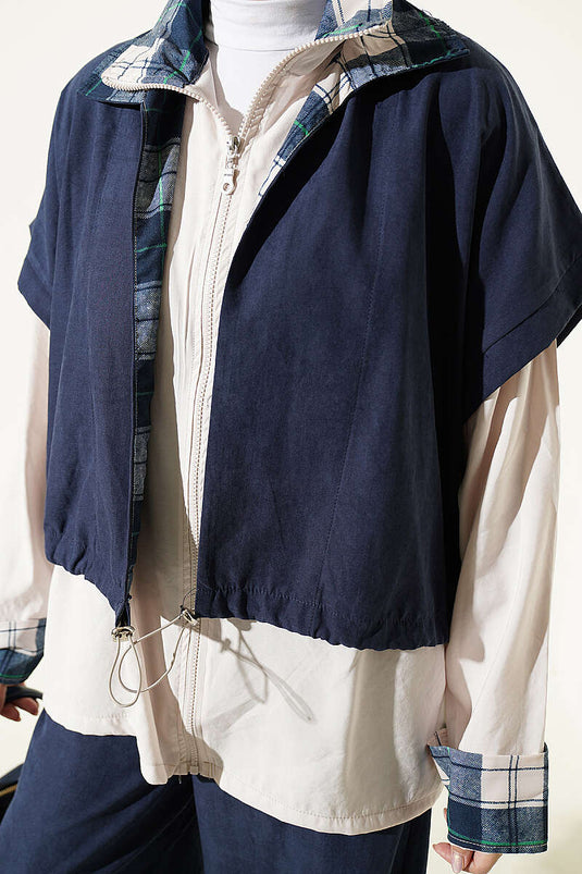 Navy Belted Vest Set With Zipper