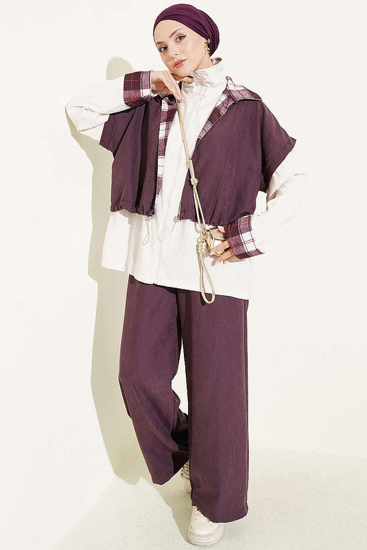 Belted Zippered Two-Piece Set In Burgundy