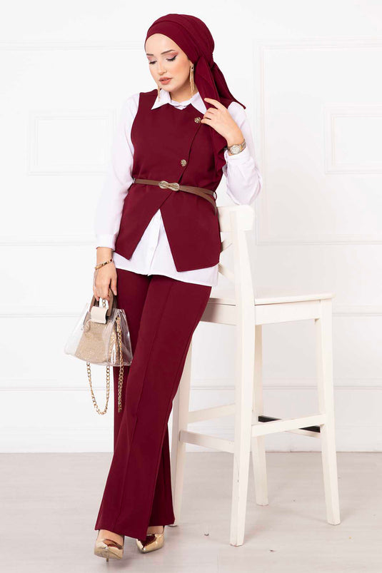 Yelekli İkili Takım Bordo